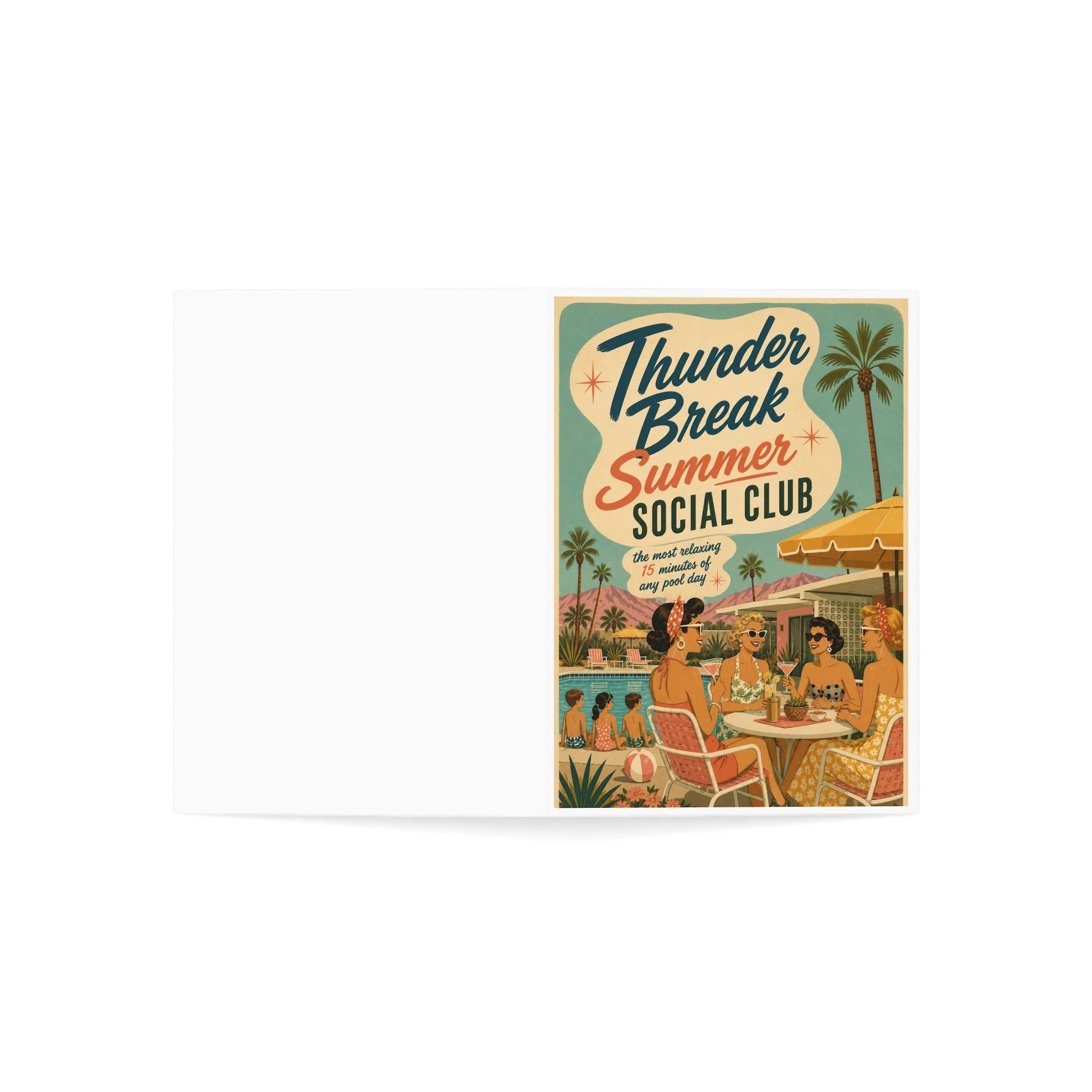 Retro 'Thunder Break Summer Social Club' Greeting Cards – Vintage Pool Party Note Cards (Pack of 1, 10, 30, 50)