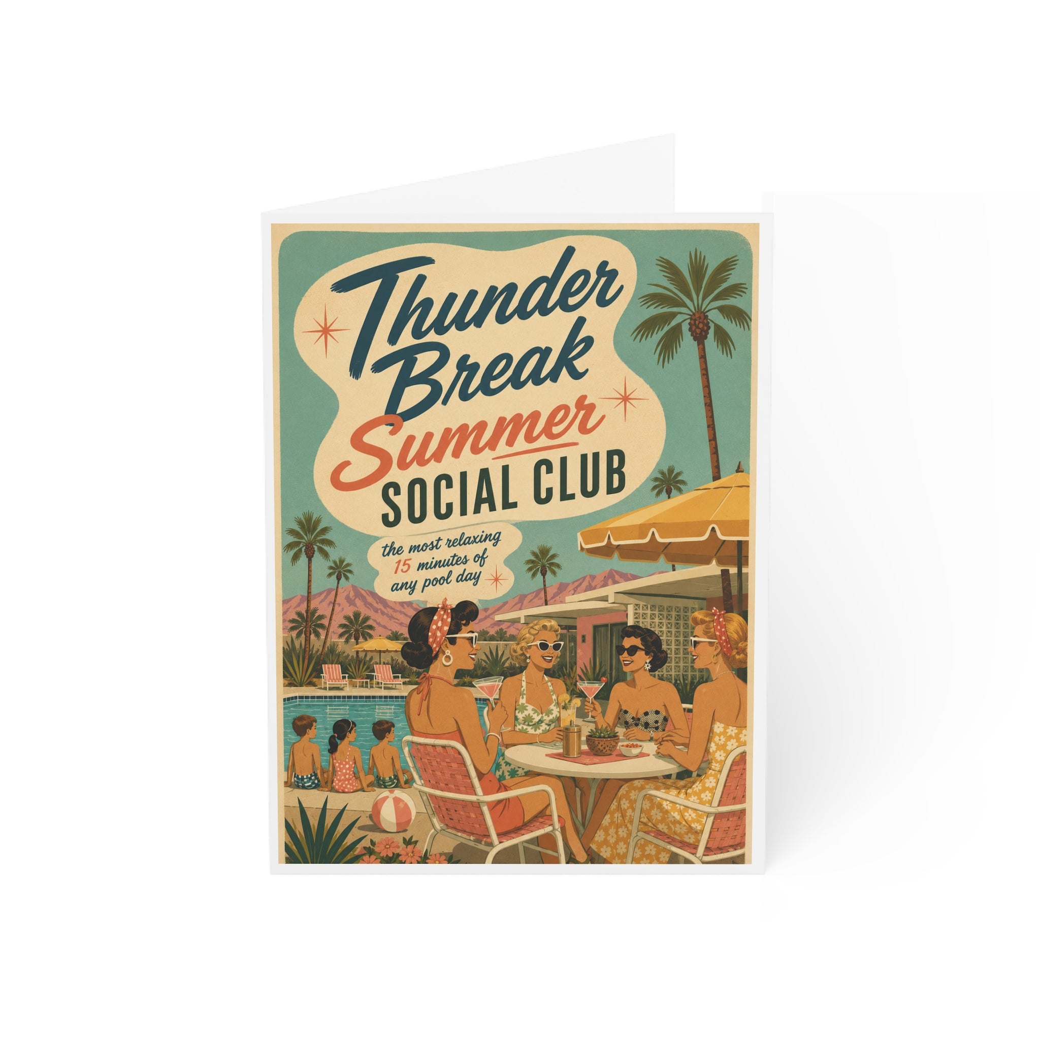 Retro 'Thunder Break Summer Social Club' Greeting Cards – Vintage Pool Party Note Cards (Pack of 1, 10, 30, 50)