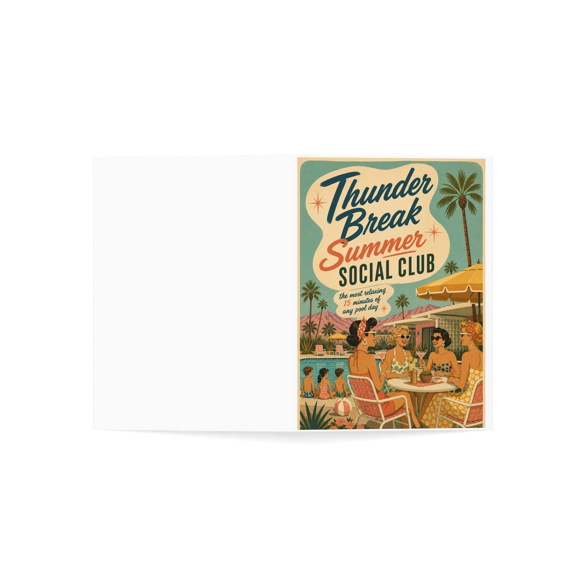Retro 'Thunder Break Summer Social Club' Greeting Cards – Vintage Pool Party Note Cards (Pack of 1, 10, 30, 50)