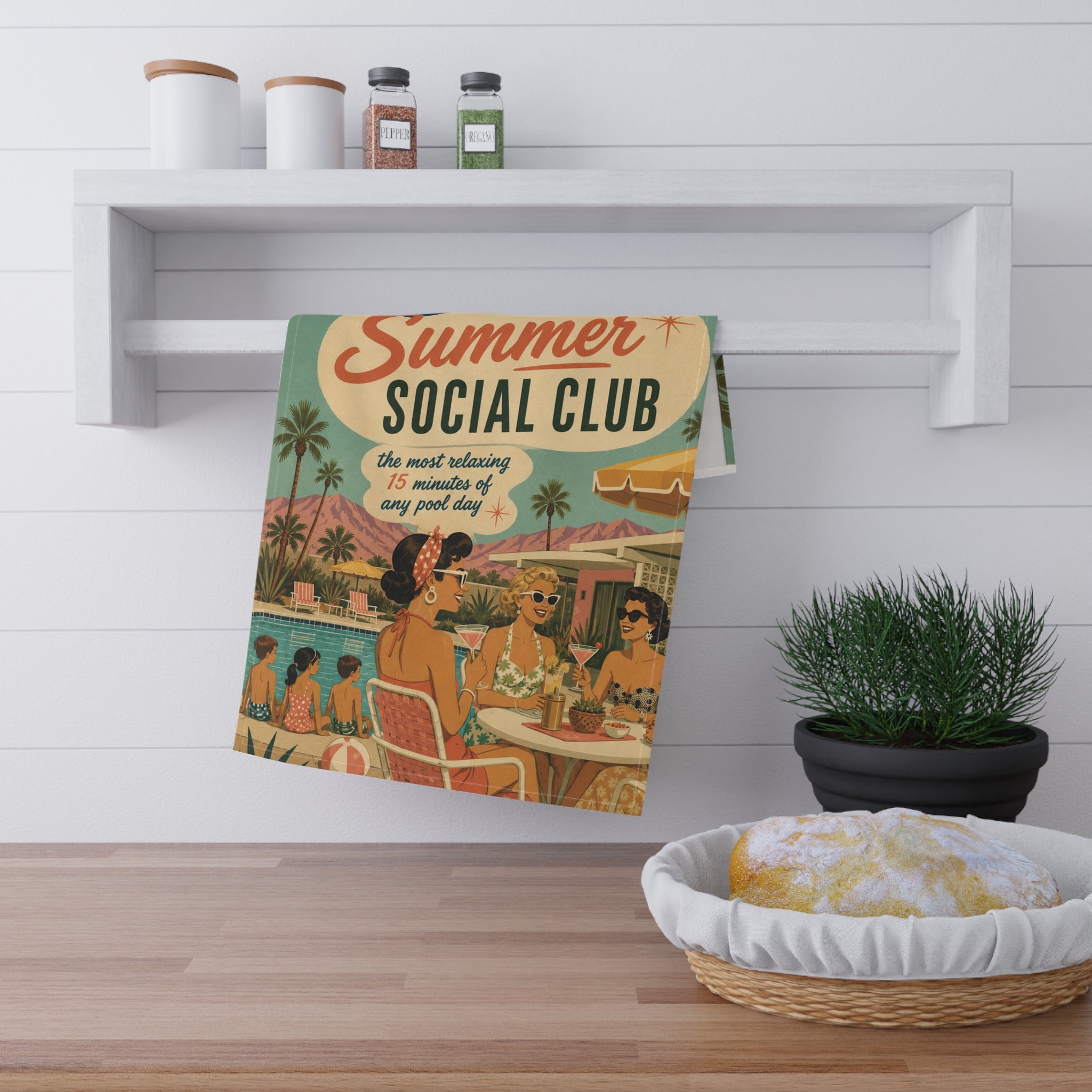 Summer Social Club Tea Towel — Retro Poolside Vintage Beach Kitchen Towel