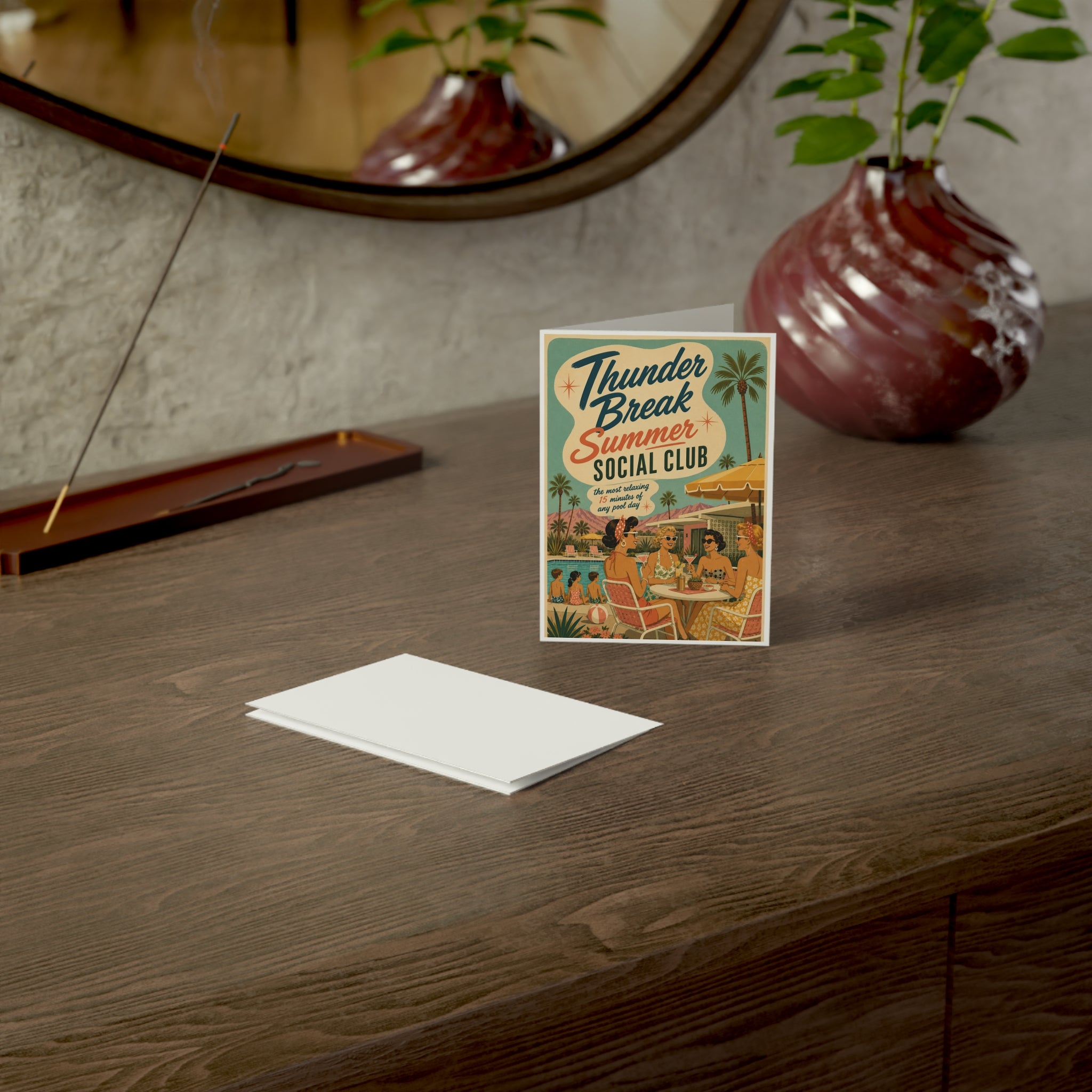 Retro 'Thunder Break Summer Social Club' Greeting Cards – Vintage Pool Party Note Cards (Pack of 1, 10, 30, 50)